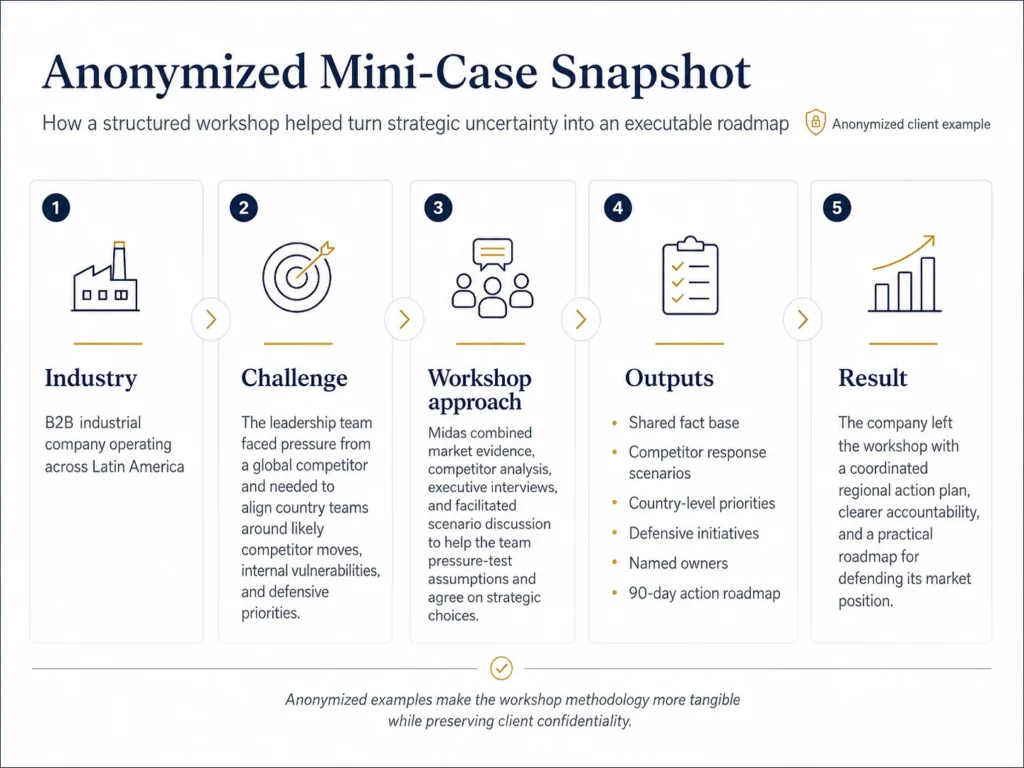 Midas anonymized mini-case snapshot showing the industry, challenge, workshop approach, outputs, and result of a strategy workshop for a B2B industrial company