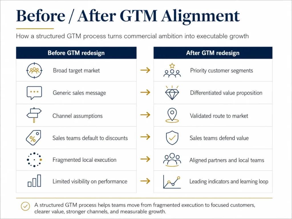 Before and after Midas comparison showing how go-to-market redesign moves a company from broad targeting, generic messaging, and channel assumptions to priority segments, differentiated value proposition, validated route to market, and measurable execution