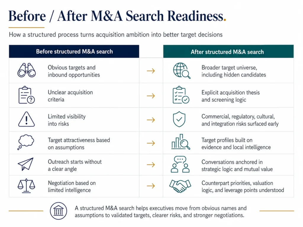 Before and after comparison showing how Midas' structured Merger & Acquisitions search moves companies from obvious targets, unclear criteria, limited risk visibility, and weak negotiation intelligence to validated targets, explicit screening logic, risk clarity, and stronger negotiations.