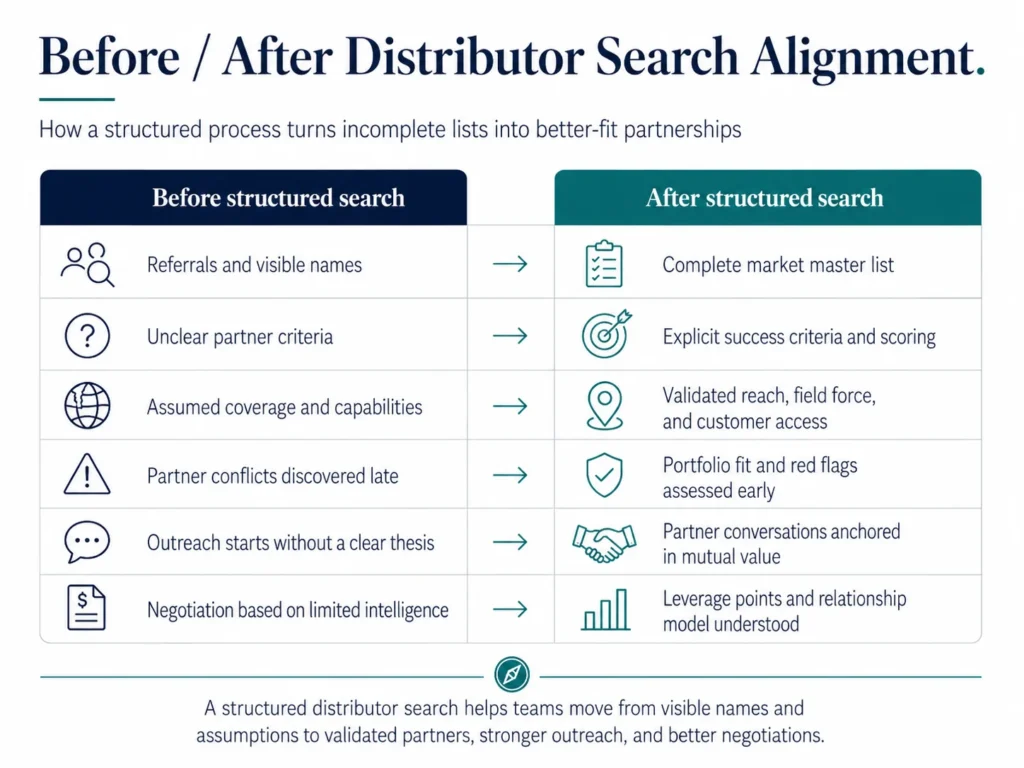 Before and after Midas comparison showing how structured distributor search moves companies from referrals, unclear criteria, assumed capabilities, and limited negotiation intelligence to a market master list, explicit scoring, validated access, and stronger partner negotiations