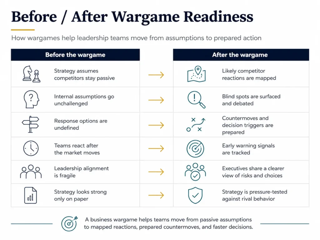 Before and after Midas comparison showing how a business wargame moves teams from passive competitor assumptions, unchallenged internal views, and undefined responses to mapped reactions, prepared countermoves, early warning signals, and stronger leadership alignment