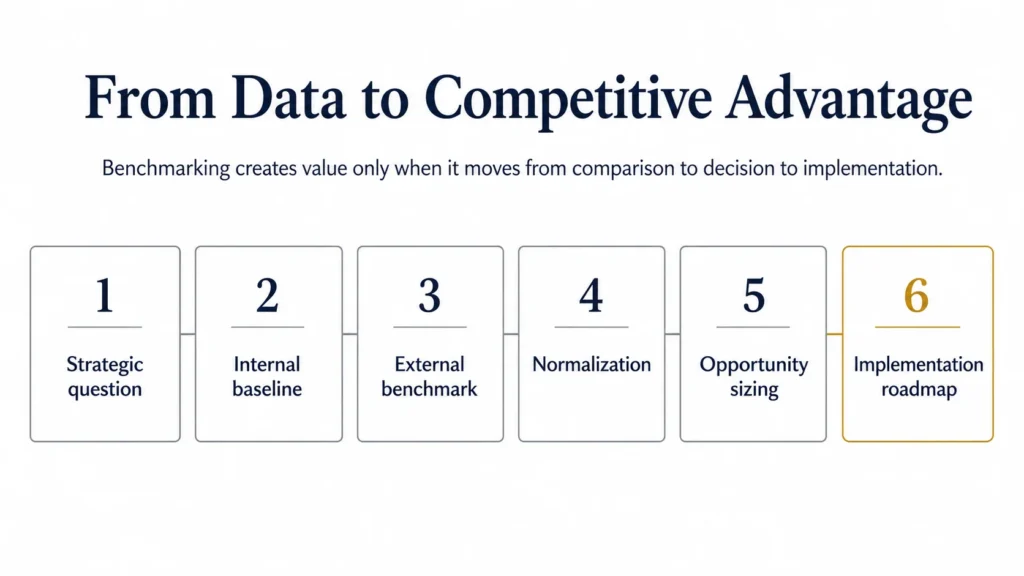 Midas process flow titled “From Data to Competitive Advantage” showing six benchmarking steps: strategic question, internal baseline, external benchmark, normalization, opportunity sizing, and implementation roadmap, with the final step highlighted in gold.