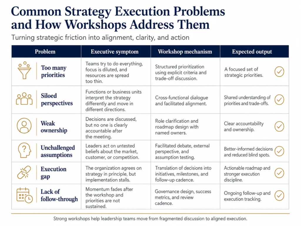 Table showing common strategy execution problems, executive symptoms, workshop mechanisms, and expected outputs