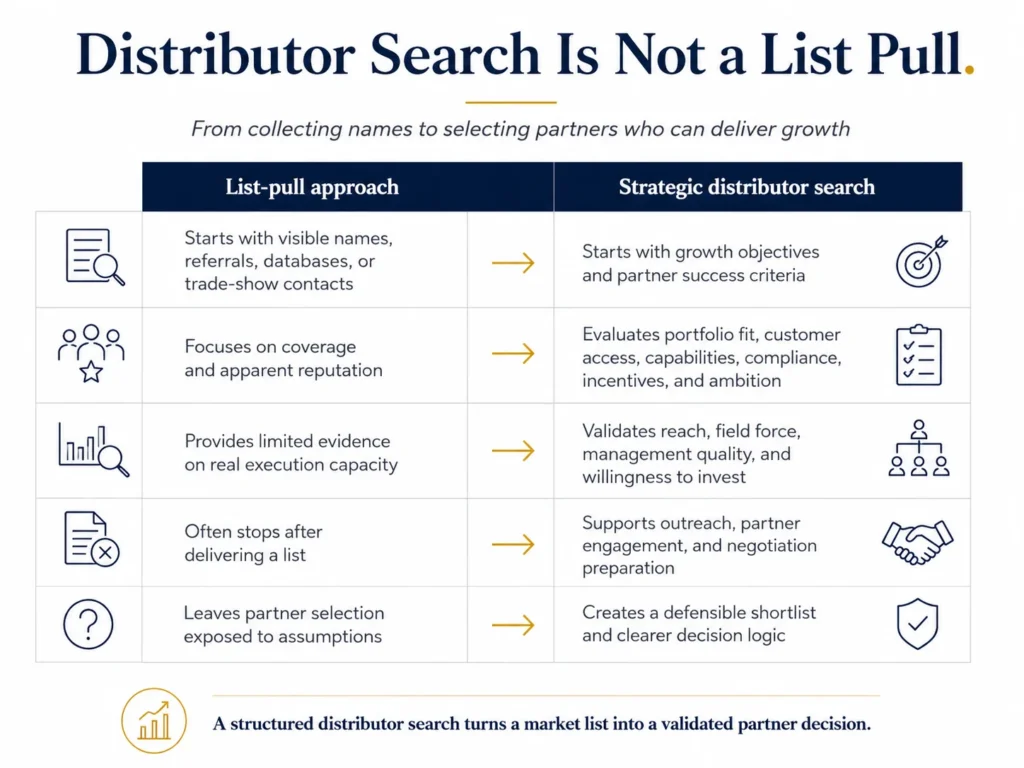 Distributor search comparison showing the difference between a list-pull approach and strategic distributor search, from visible names and referrals to partner criteria, validation, outreach, and negotiation support