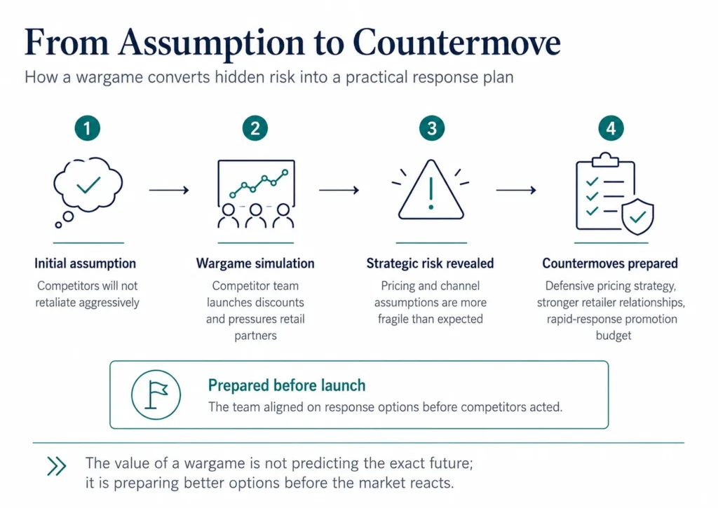 Midas flow diagram showing how a business wargame turns an initial assumption about competitor passivity into simulated discount retaliation, revealed strategic risk, and prepared countermoves