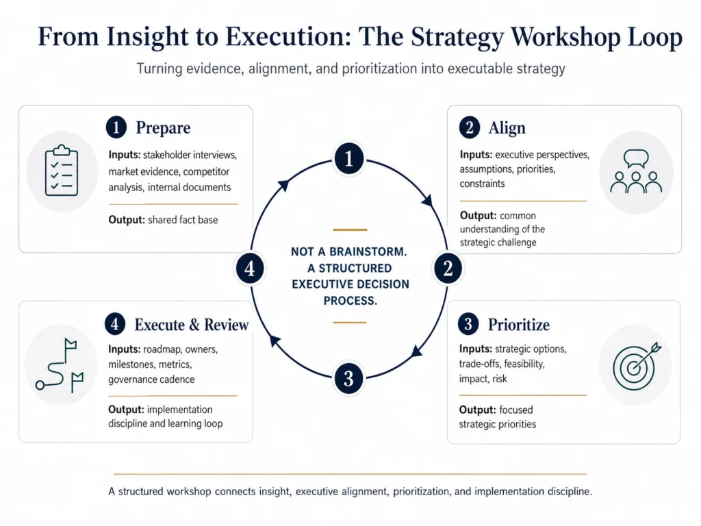 Midas strategy workshop loop showing four stages: prepare, align, prioritize, and execute and review, with inputs and outputs for each stage
