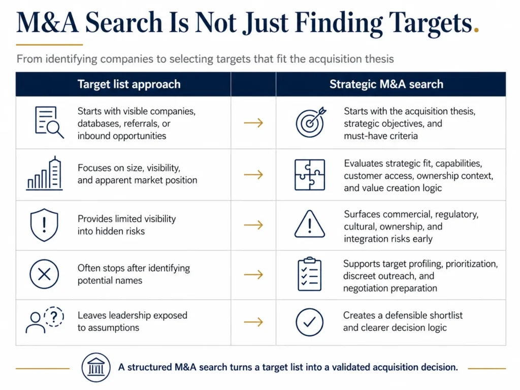 Infographic comparing a target list approach with strategic M&A search, showing how disciplined acquisition search moves from visible company names to strategic fit, risk validation, target profiling, outreach, and clearer acquisition decisions.