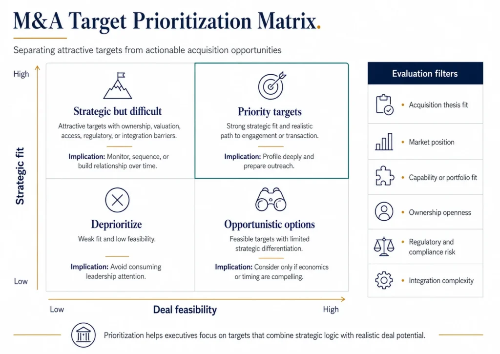 Midas' M&A target prioritization matrix comparing strategic fit and deal feasibility, with quadrants for priority targets, strategic but difficult targets, opportunistic options, and deprioritized targets.
