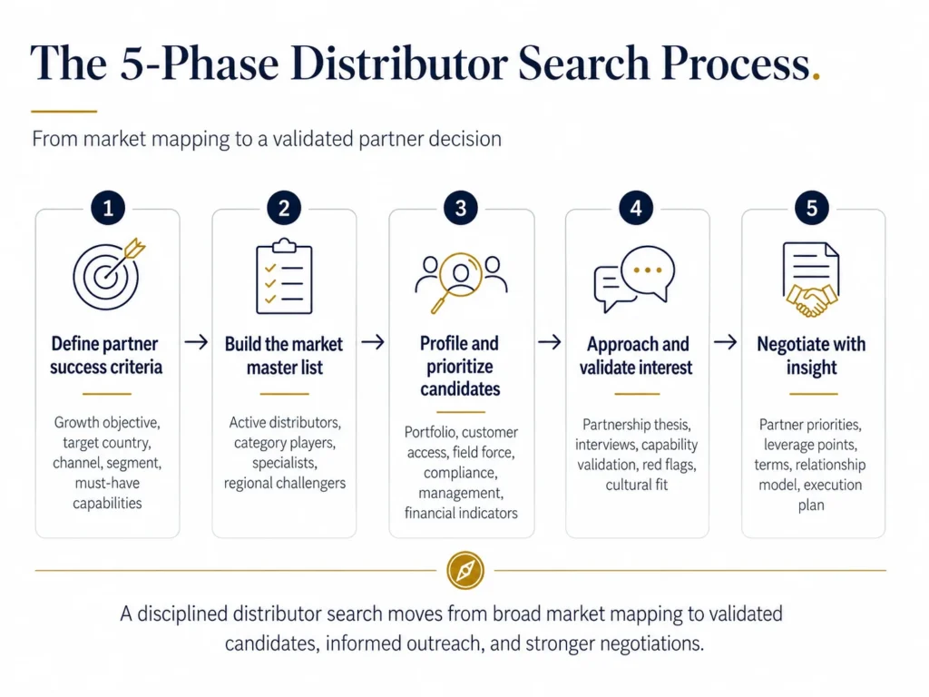 The Midas five-phase distributor search process showing partner success criteria, market master list, candidate profiling, interest validation, and negotiation with insight