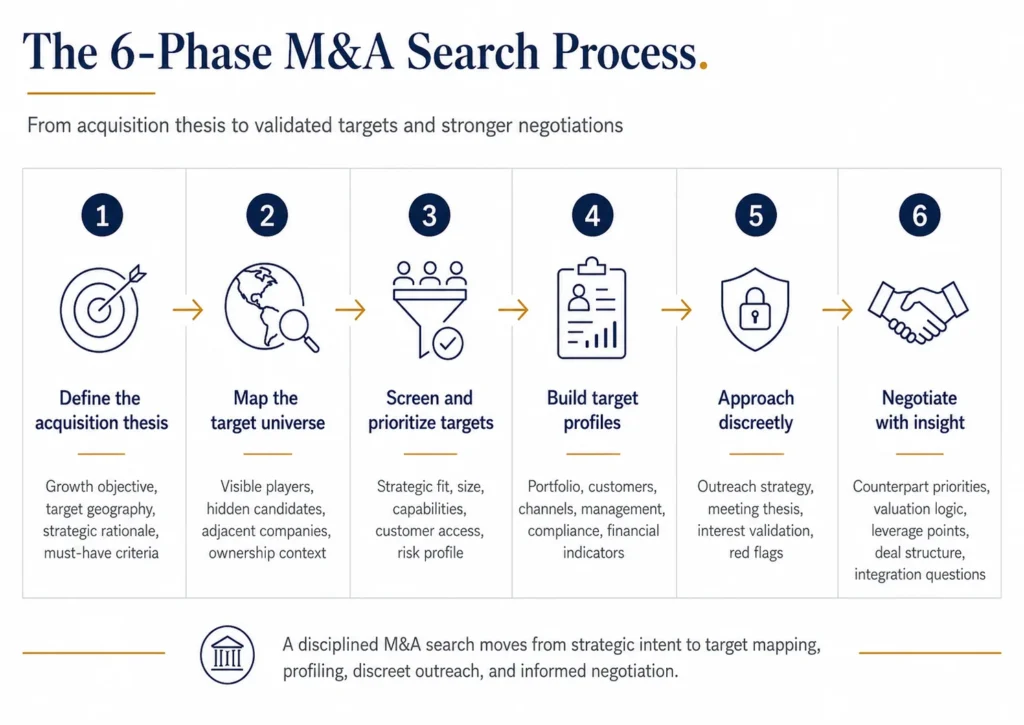 Midas Six-phase M&A search process showing acquisition thesis, market mapping and screening, target profiling, approach preparation, negotiation with insight, and strategic due diligence and integration thinking.