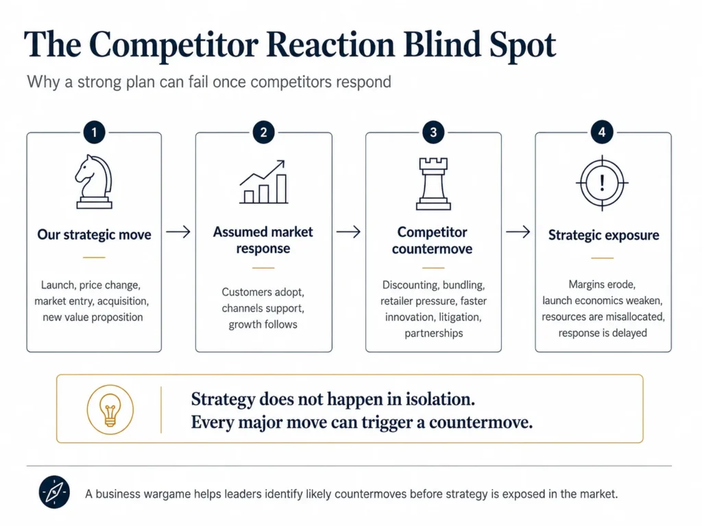 Infographic showing how a strategic move can trigger competitor countermoves, creating strategic exposure through margin erosion, weaker launch economics, misallocated resources, and delayed response