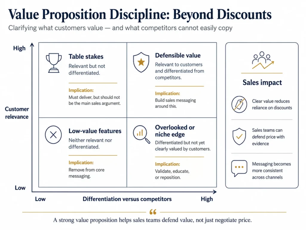 Midas value proposition matrix comparing customer relevance and differentiation, showing defensible value, table stakes, niche edge, and low-value features