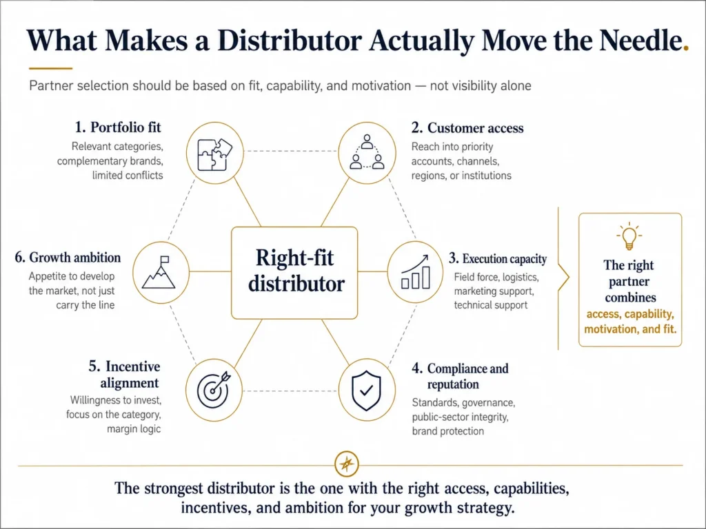Midas Framework showing six distributor evaluation dimensions: portfolio fit, customer access, execution capacity, compliance and reputation, incentive alignment, and growth ambition
