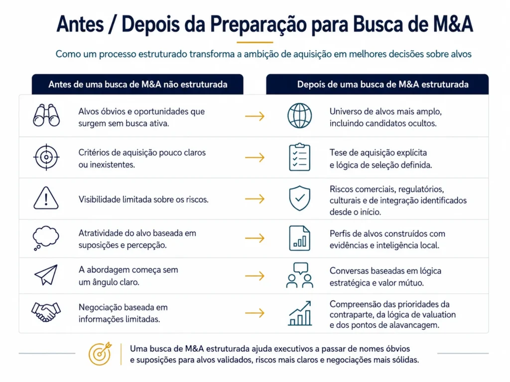 Comparação antes/depois que mostra como uma busca estruturada de fusões e aquisições da Midas ajuda as empresas a passar de alvos óbvios, critérios pouco claros, visibilidade limitada de riscos e inteligência de negociação fraca para alvos validados, lógica explícita de filtro, clareza de riscos e negociações mais sólidas.
