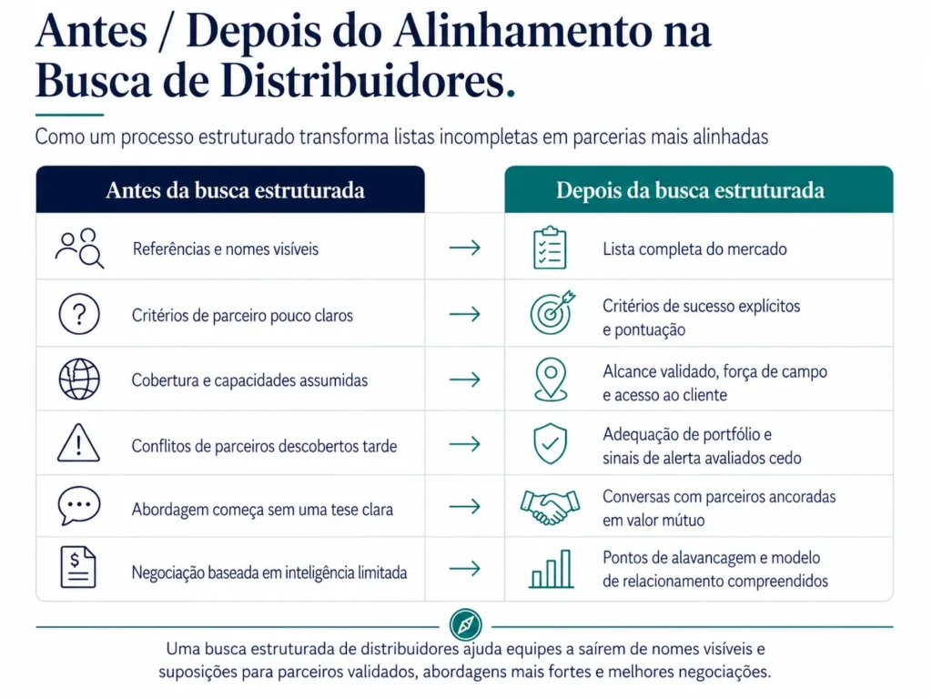 Comparação antes e depois da Midas que mostra como uma busca estruturada de distribuidores ajuda as empresas a passar de referências, critérios pouco claros, capacidades presumidas e inteligência de negociação limitada para uma lista mestra do mercado, scoring explícito, acesso validado e negociações mais sólidas com parceiros.