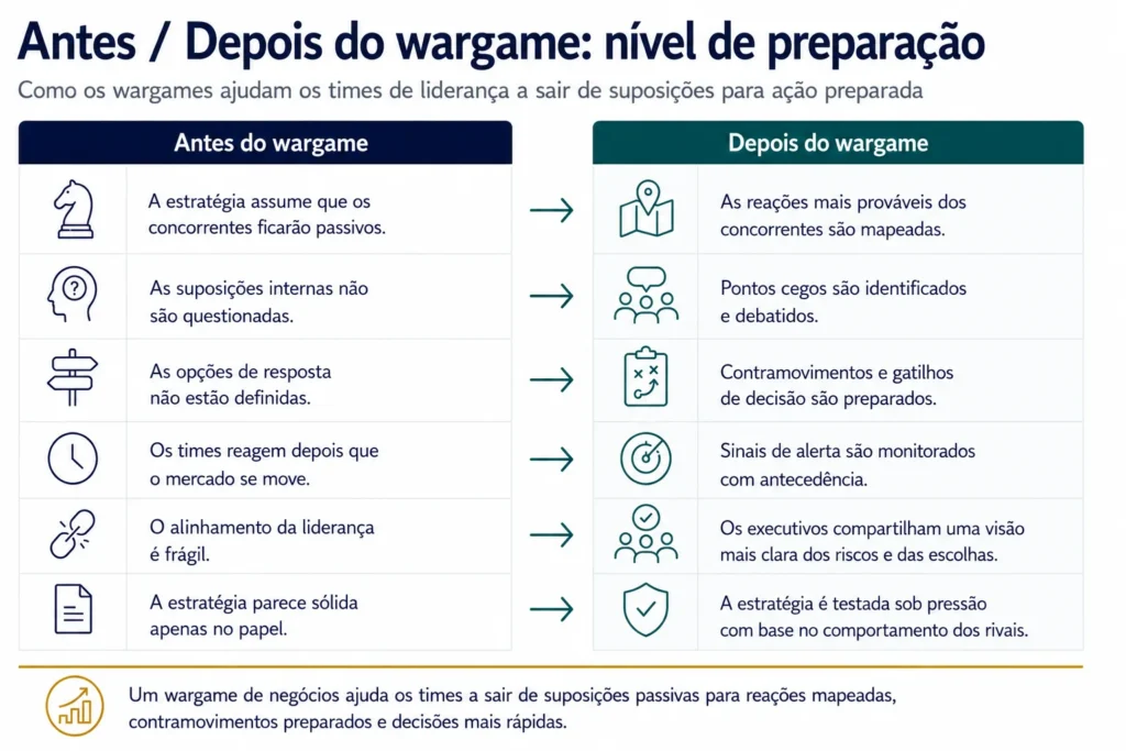 Comparação antes e depois que mostra como um wargame da Midas ajuda as equipes a passar de pressupostos passivos sobre a concorrência, visões internas não questionadas e respostas indefinidas para reações mapeadas, contramovimentos preparados, sinais iniciais de alerta e maior alinhamento do time executivo.