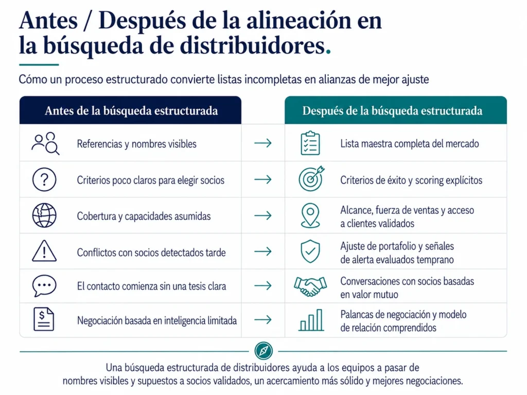 Comparación antes y después de Midas que muestra cómo una búsqueda estructurada de distribuidores ayuda a las empresas a pasar de referencias, criterios poco claros, capacidades supuestas e inteligencia de negociación limitada hacia una lista maestra del mercado, scoring explícito, acceso validado y negociaciones más sólidas con socios.