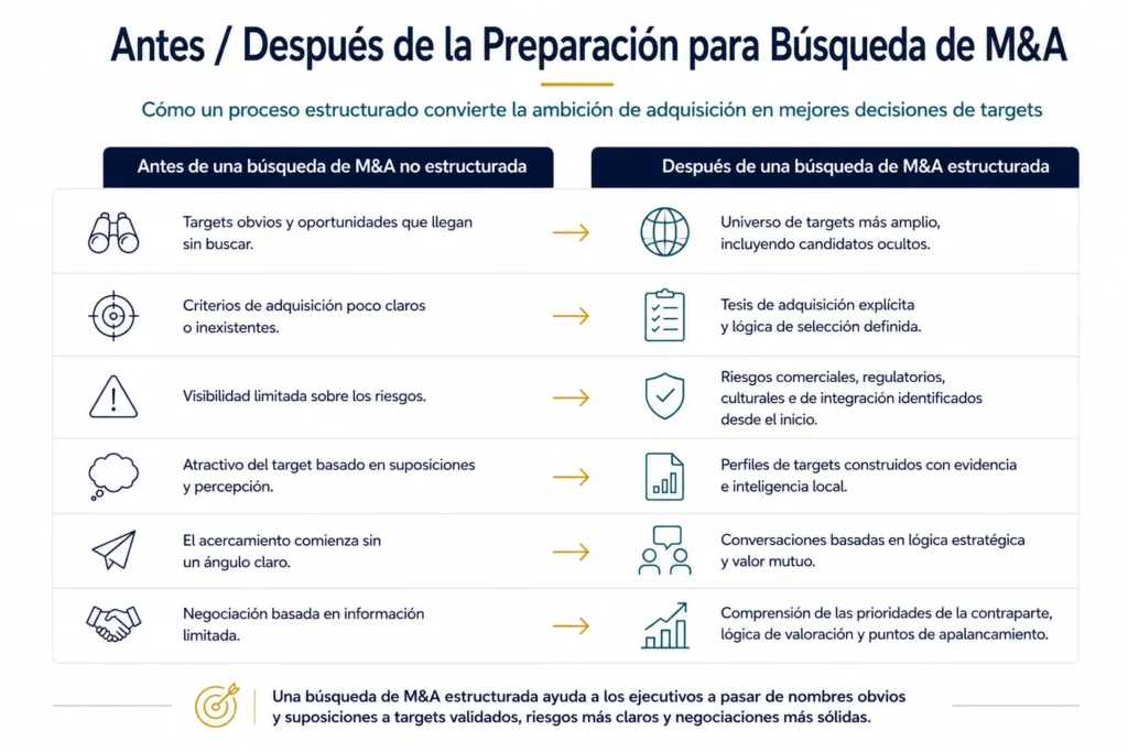 Comparación antes/después que muestra cómo una búsqueda estructurada de fusiones y adquisiciones de Midas ayuda a las empresas a pasar de objetivos obvios, criterios poco claros, visibilidad limitada de riesgos e inteligencia de negociación débil a objetivos validados, lógica explícita de filtrado, claridad de riesgos y negociaciones más sólidas.