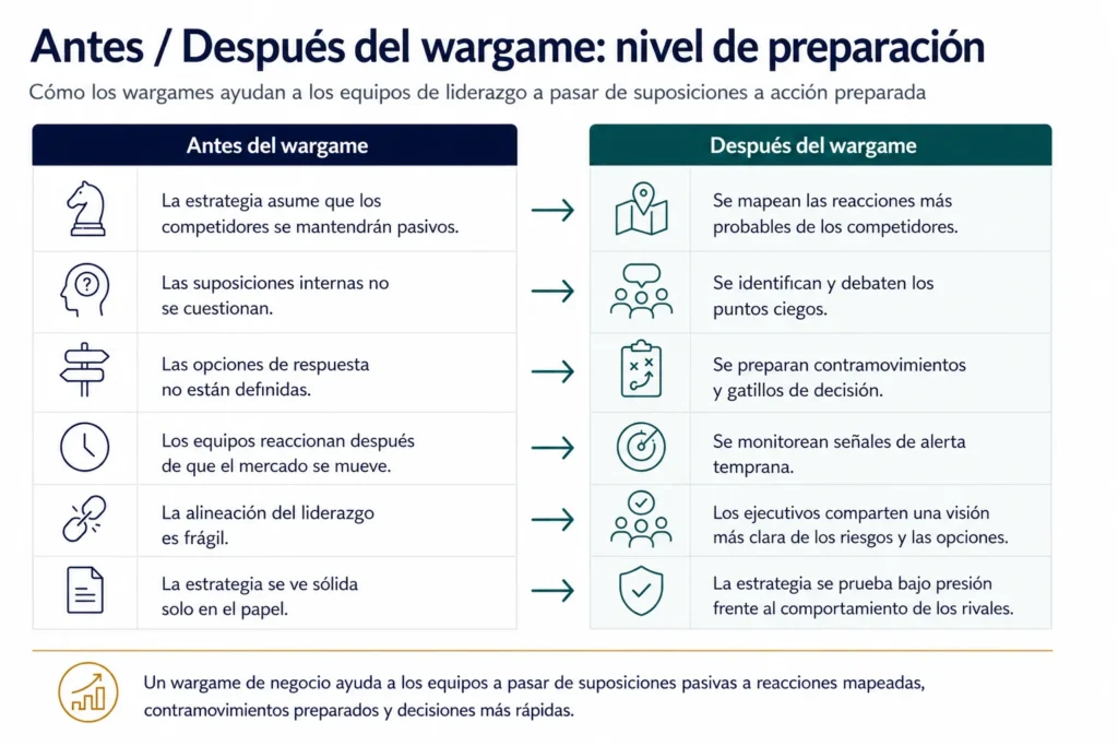 Comparación antes y después que muestra cómo un wargame de Midas ayuda a los equipos a pasar de supuestos pasivos sobre la competencia, visiones internas no cuestionadas y respuestas indefinidas a reacciones mapeadas, contramovimientos preparados, señales tempranas de alerta y mayor alineación del equipo directivo.