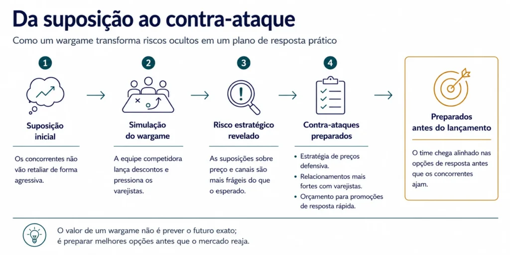 Diagrama de fluxo que mostra como um wargame de negócios da Midas transforma o pressuposto inicial de que a concorrência permanecerá passiva em uma retaliação simulada com descontos, um risco estratégico revelado e contramovimentos preparados.