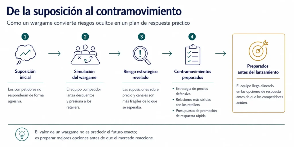 Diagrama de flujo que muestra cómo un wargame de negocios de Midas transforma el supuesto inicial de que la competencia permanecerá pasiva en una represalia simulada con descuentos, un riesgo estratégico revelado y contramovimientos preparados.