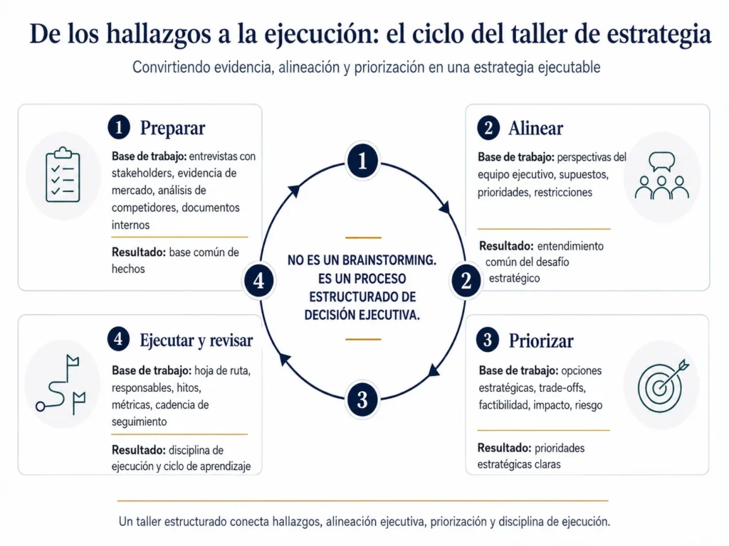 Loop de taller de estrategia con metodología Midas que muestra cuatro etapas: preparar, alinear, priorizar, y ejecutar y revisar, con inputs y outputs para cada etapa.