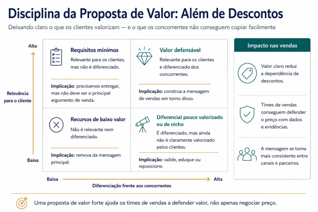 Matriz Midas de proposta de valor que compara relevância para o cliente e diferenciação, mostrando valor defensável, requisitos básicos, vantagem de nicho e atributos de baixo valor.