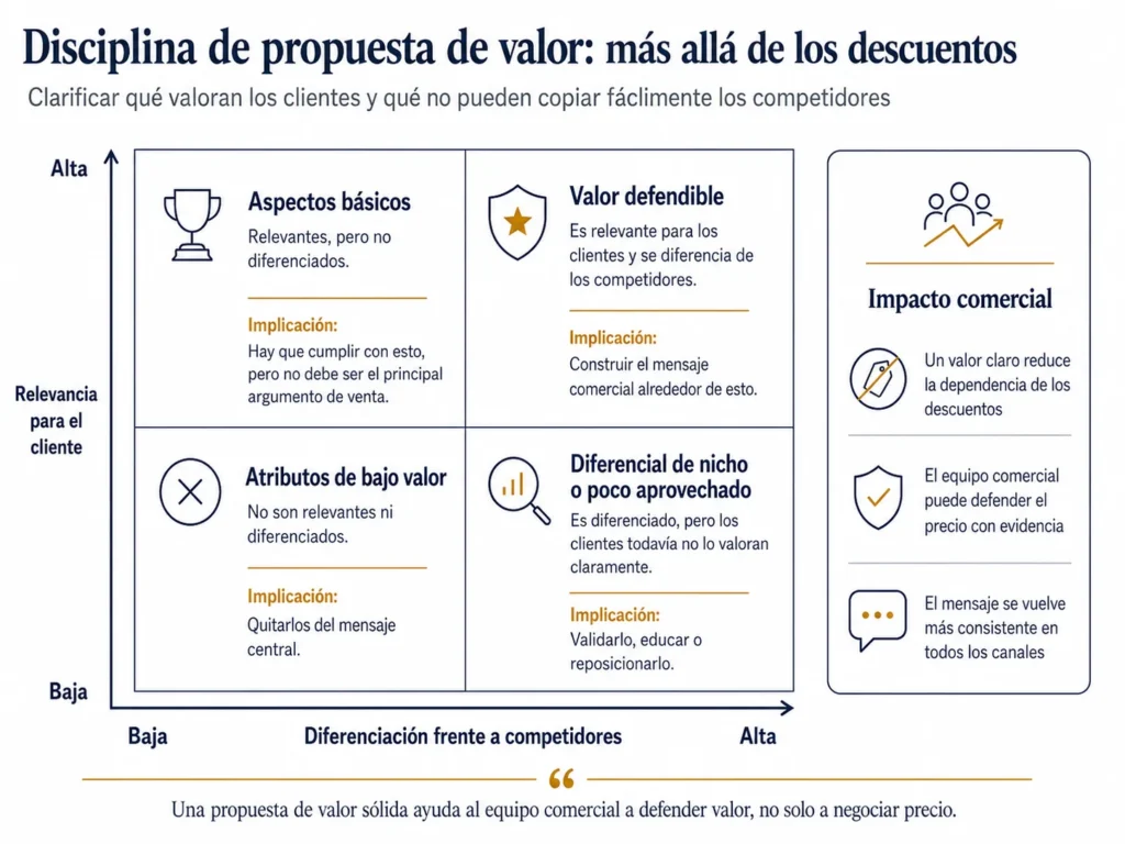 Matriz Midas de propuesta de valor que compara relevancia para el cliente y diferenciación, mostrando valor defendible, requisitos básicos, ventaja de nicho y atributos de bajo valor.