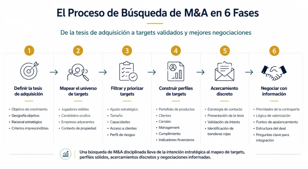 Proceso de búsqueda de M&A de Midas en seis fases que muestra tesis de adquisición, mapeo de mercado y filtrado, perfilamiento de objetivos, preparación del acercamiento, negociación con insight, y due diligence estratégica con pensamiento de integración.