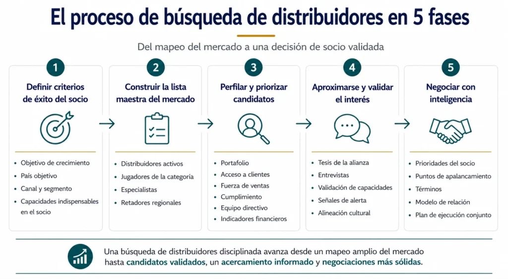 Proceso Midas de búsqueda de distribuidores en cinco fases que muestra criterios de éxito del socio, lista maestra de mercado, perfilamiento de candidatos, validación de interés y negociación con insight.