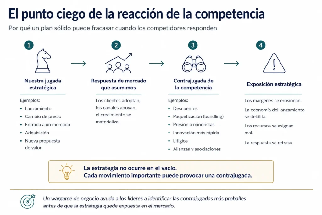 Infografía que muestra cómo un movimiento estratégico puede desencadenar contramovimientos de la competencia, generando exposición estratégica a través de erosión de márgenes, una economía de lanzamiento más débil, mala asignación de recursos y respuestas tardías.