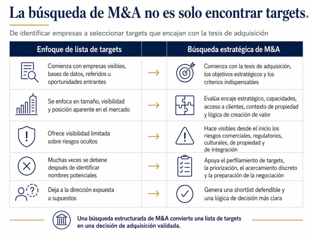 Infografía que compara un enfoque basado en una lista de objetivos con la búsqueda estratégica de M&A de Midas, mostrando cómo una búsqueda disciplinada de adquisiciones pasa de nombres visibles de empresas a ajuste estratégico, validación de riesgos, perfilamiento de objetivos, acercamiento y decisiones de adquisición más claras.