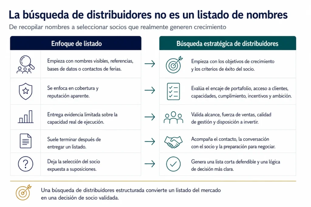 Comparación de búsqueda de distribuidores que muestra la diferencia entre un enfoque basado en una lista y el enfoque de Midas que es una búsqueda estratégica de distribuidores, desde nombres visibles y referencias hasta criterios de socios, validación, acercamiento y apoyo en la negociación.