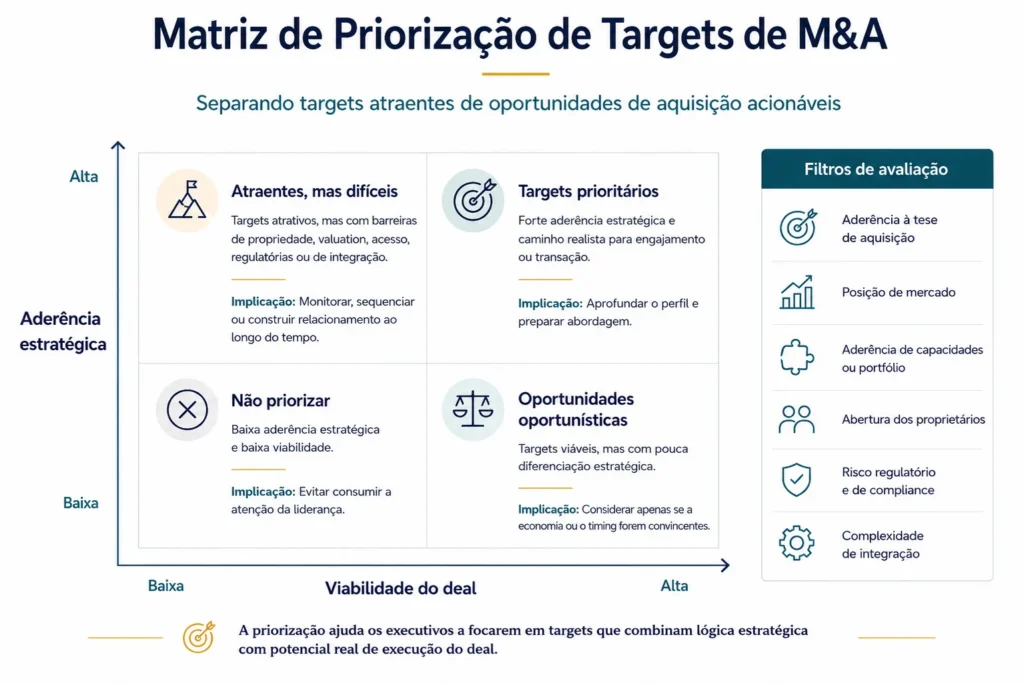 Matriz Midas de priorização de alvos de M&A que compara ajuste estratégico e viabilidade da operação, com quadrantes para alvos prioritários, alvos estratégicos porém difíceis, opções oportunistas e alvos despriorizados.