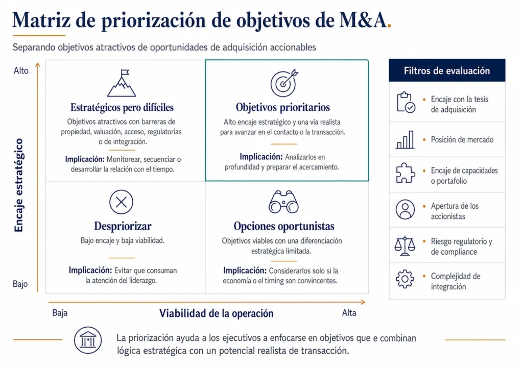Matriz Midas de priorización de objetivos de M&A que compara ajuste estratégico y factibilidad de la operación, con cuadrantes para objetivos prioritarios, objetivos estratégicos pero difíciles, opciones oportunistas y objetivos despriorizados.