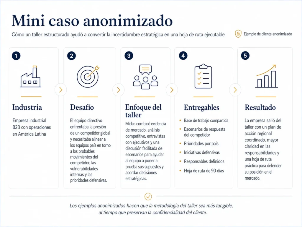 Mini caso anonimizado que muestra la industria, el desafío, el enfoque del taller, los outputs y el resultado de un taller de estrategia para una empresa industrial B2B.