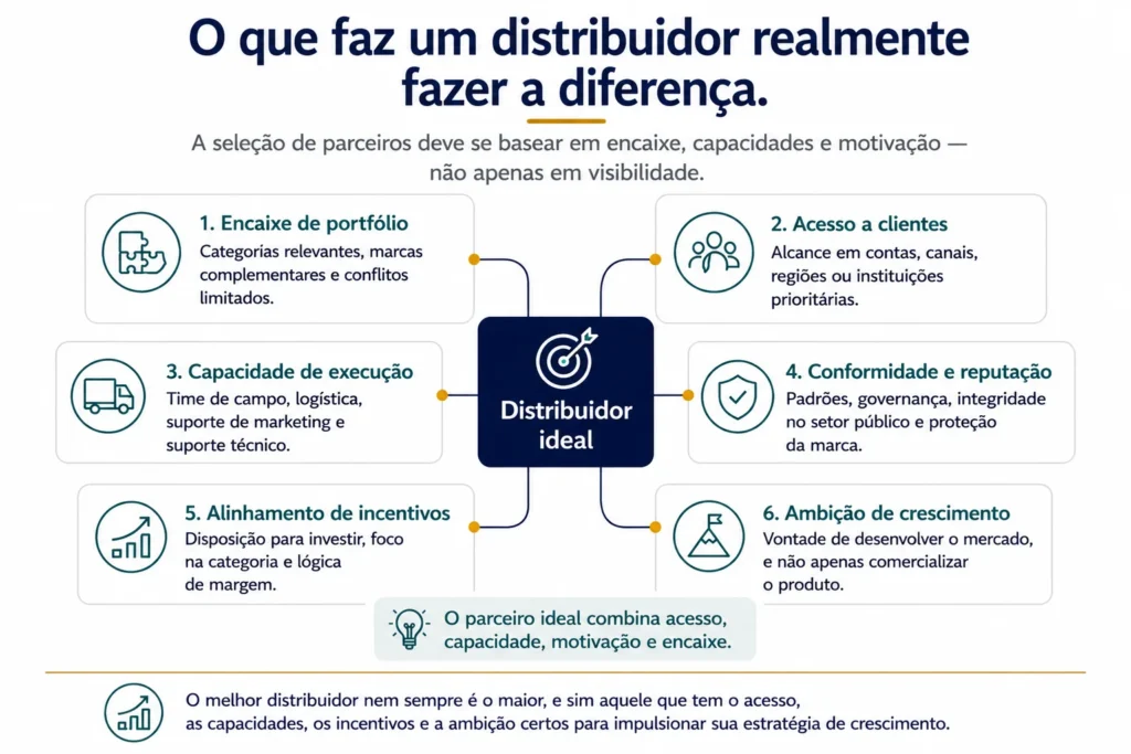 Framework que mostra as seis dimensões que a Midas usa na avaliação de distribuidores: ajuste de portfólio, acesso a clientes, capacidade de execução, compliance e reputação, alinhamento de incentivos e ambição de crescimento.