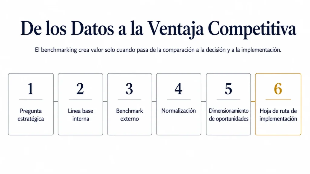 Flujo de proceso de Midas titulado “De los datos a la ventaja competitiva”, que muestra seis pasos de benchmarking: pregunta estratégica, línea base interna, benchmark externo, normalización, dimensionamiento de oportunidades y hoja de ruta de implementación, con el paso final destacado en dorado.