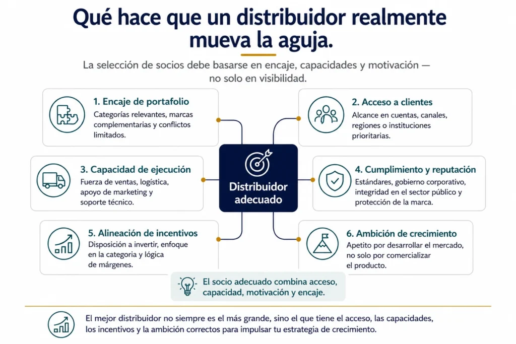 Framework que muestra las seis dimensiones que usa Midas en la evaluación de distribuidores: ajuste de portafolio, acceso a clientes, capacidad de ejecución, compliance y reputación, alineación de incentivos y ambición de crecimiento.
