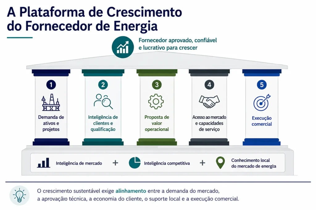 Plataforma de crescimento da Midas para fornecedores do setor energético, conectando demanda, qualificação, valor operacional, acesso ao mercado, serviços e execução.