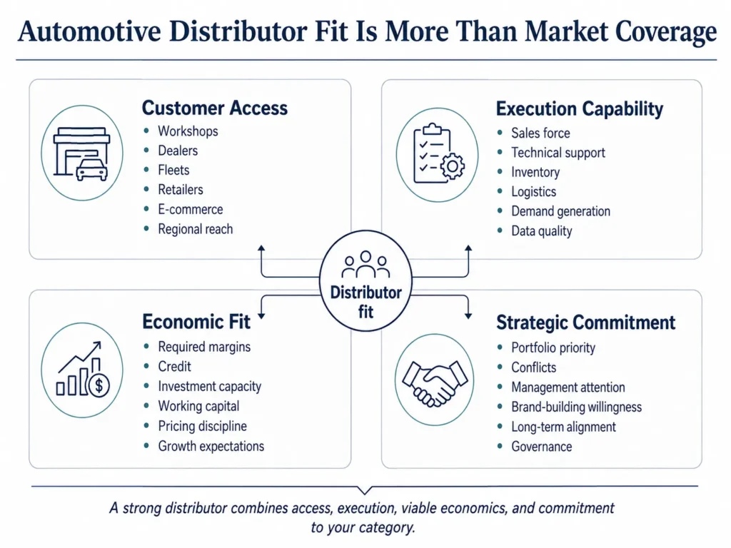 Midas automotive distributor evaluation framework covering customer access, execution capabilities, economic fit, and strategic commitment.