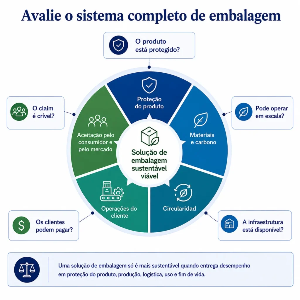 Estrutura de sustentabilidade de embalagens da Midas, avaliando proteção do produto, uso de materiais, circularidade, produção, viabilidade econômica e aceitação dos consumidores.