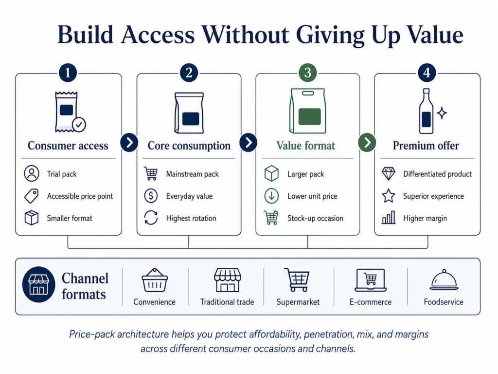 Midas food and beverage price-pack architecture showing trial, accessible, mainstream, value, premium, convenience, retail, e-commerce, and foodservice formats.