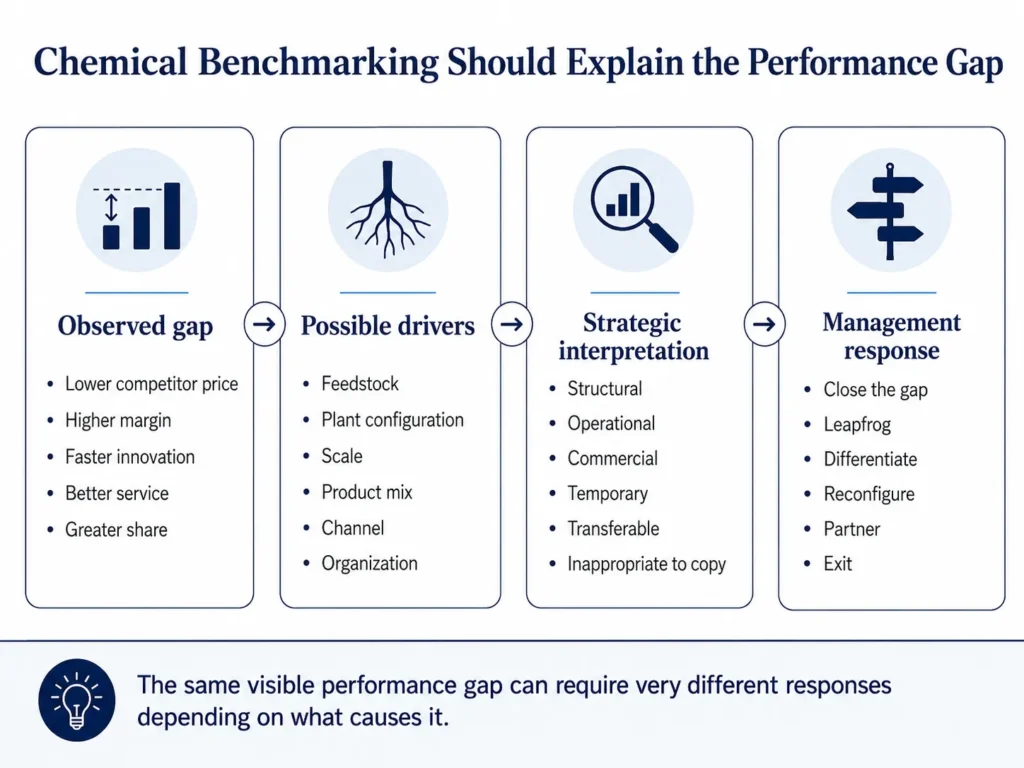 Midas chemical-industry benchmarking framework connecting observed performance gaps with their drivers, strategic interpretation, and management response.