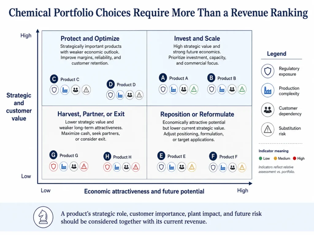 Midas chemical portfolio strategy matrix categorizing products into invest, protect, reposition, or exit decisions.