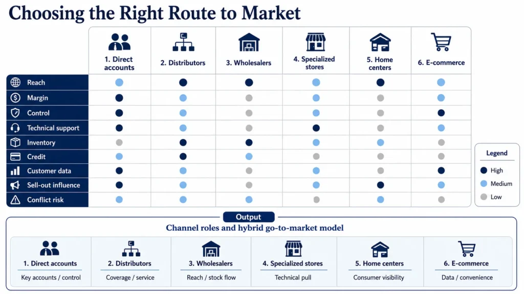 Midas construction and DIY route-to-market framework comparing direct sales, distributors, wholesalers, stores, home centers, and e-commerce.