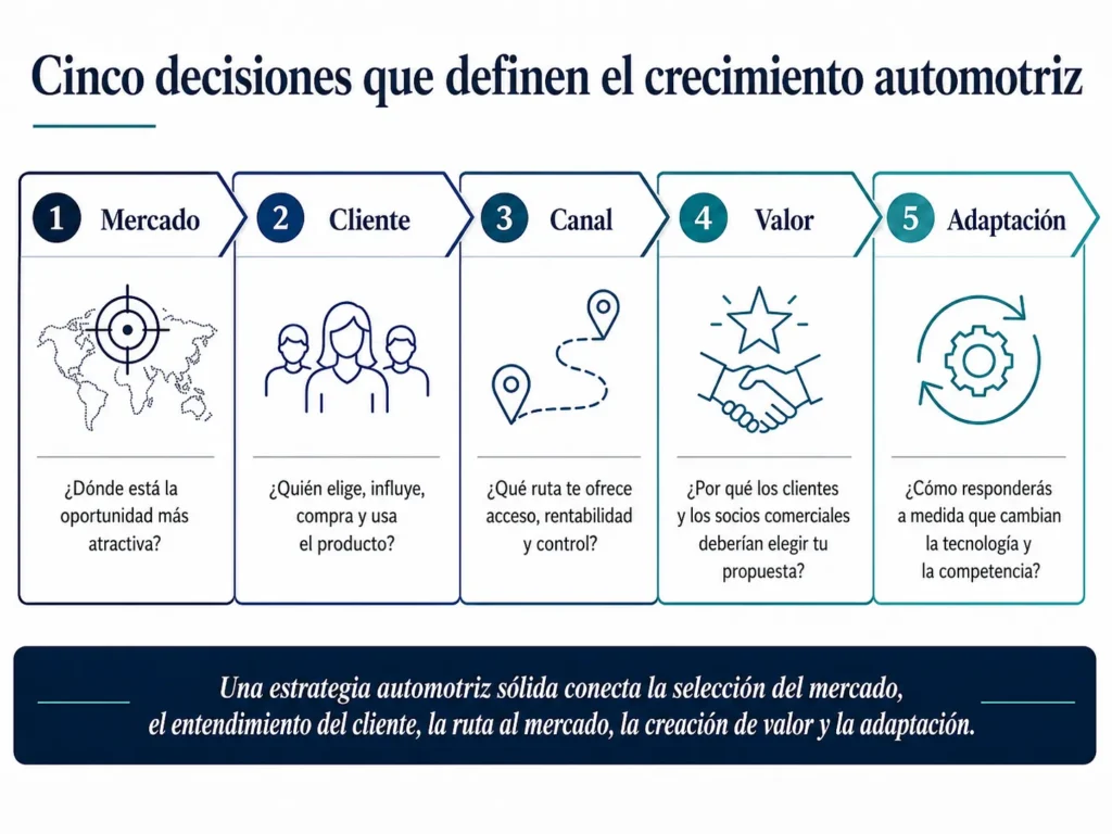 Marco de cinco partes de Midas para el crecimiento automotriz, que abarca mercado, cliente, canal, propuesta de valor y adaptación.