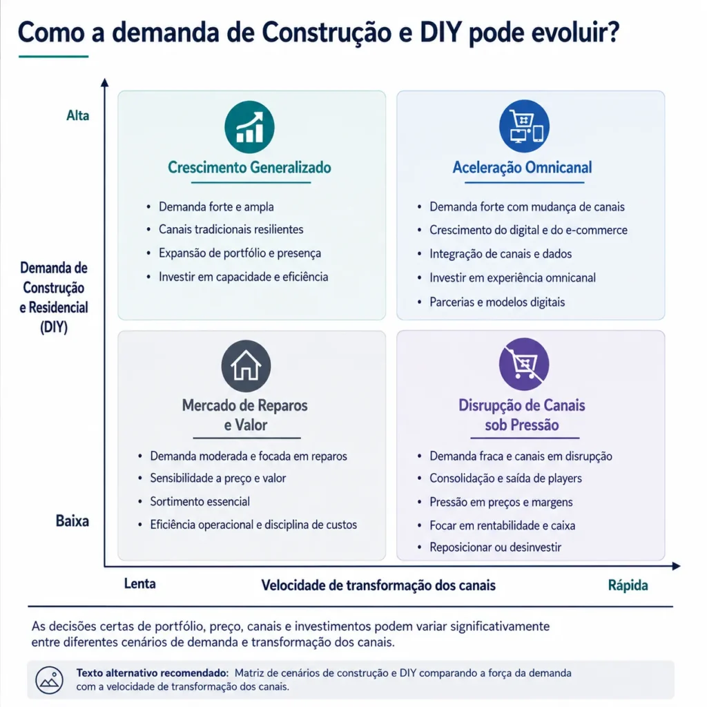 Matriz de cenários da Midas para construção e DIY, comparando a força da demanda com a velocidade de transformação dos canais.