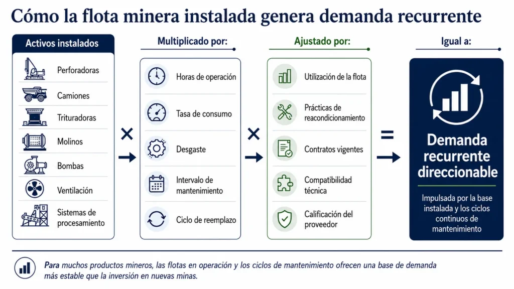 Modelo de demanda de flota instalada en minería de Midas que conecta población de equipos, horas de operación, desgaste, mantenimiento, reemplazo y accesibilidad para proveedores.