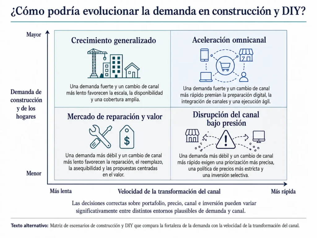 Matriz de escenarios de Midas para construcción y DIY, que compara la fortaleza de la demanda con la velocidad de transformación de los canales.